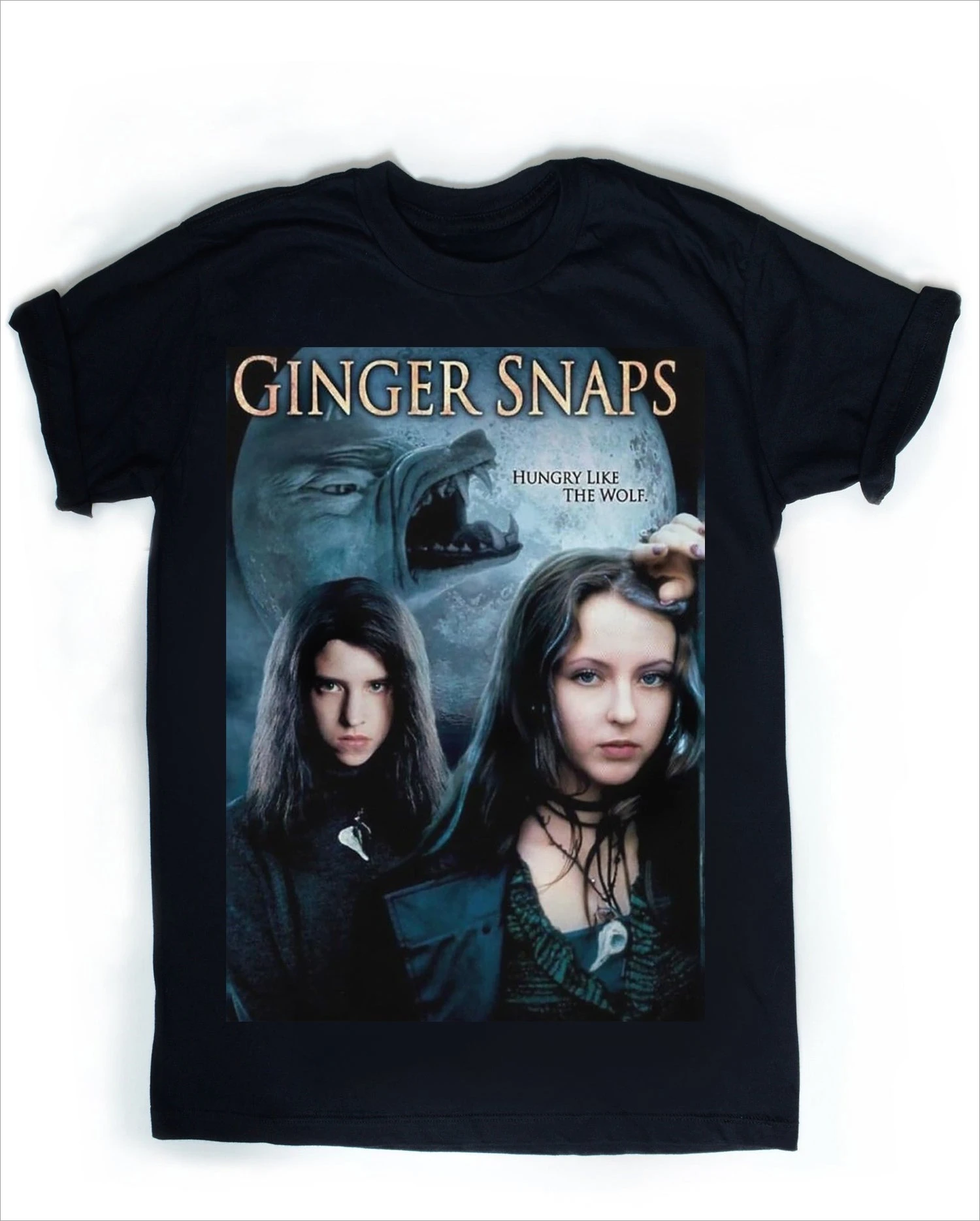 Black Cool Tone Twin Female Portrait Graphic Tee Top Vintage Movie Header Middle Wolf Slogan Chest Oversized Tops