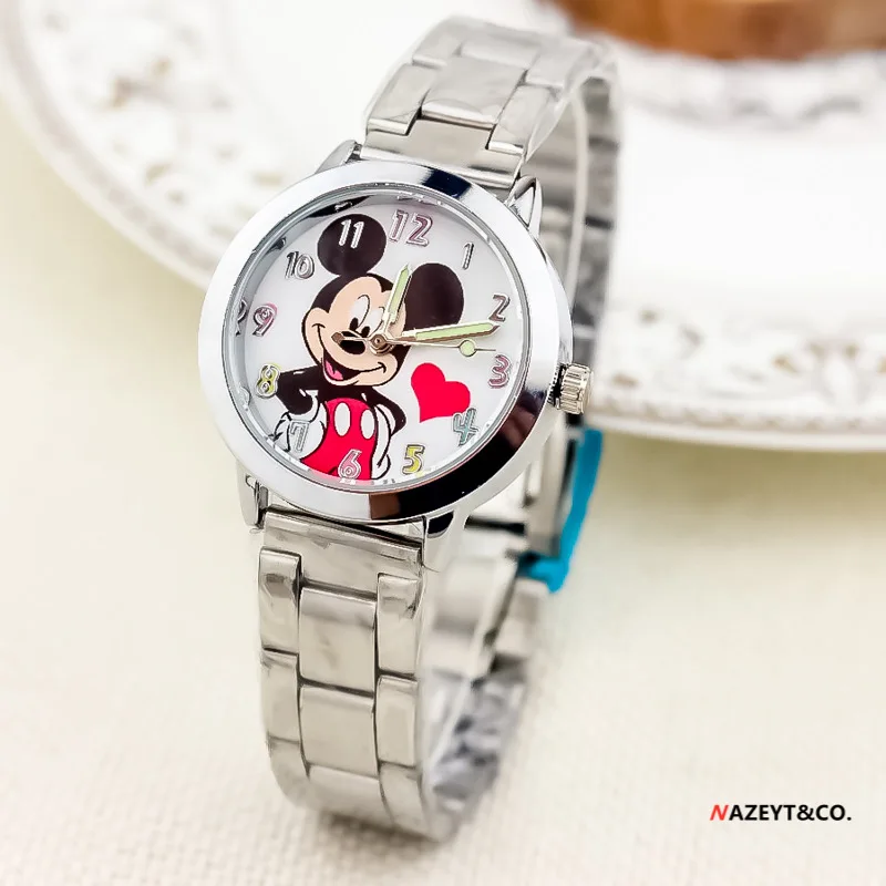 Детские часы Disney с Микки и Минни, часы с персонажами мультфильмов и аниме, светящиеся кварцевые часы с указателем Микки Мауса, стальной ремешок, подарки для детей