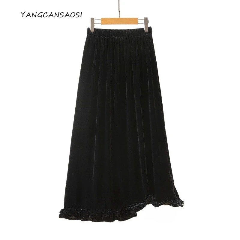 2025年レディースファッション秋の新作、30%天然桑絹ベルベット、バックフォークハンギング、伸縮性ウエスト、Aライン、上品なスカート