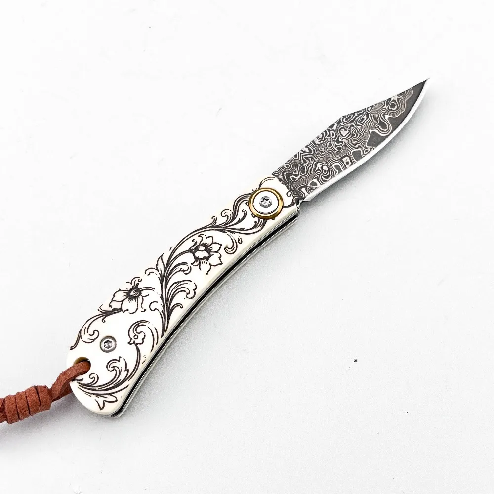 Damascus Pattern Folding Pocket Knife Floral Engraved Handle Portable Outdoor Camping EDC Cutting Knife Gift for Men