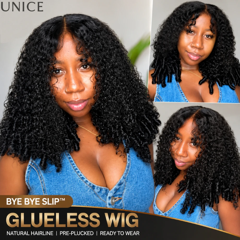 UNice 7x5 Bye-Bye Slip Burmese Curly Human Hair Wig With Face-Framing Bangs & Finger Coil Ends Wear Go Glueless Wig 150% Density