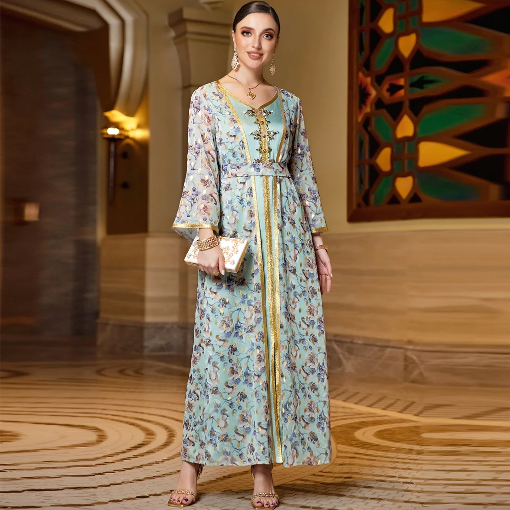 Fashion Pure Handwork Diamonds Muslim Kaftan For Women 2 Piece Suit Flower Printed Full Sleeve Sashes Elegant Turkish Long Dress