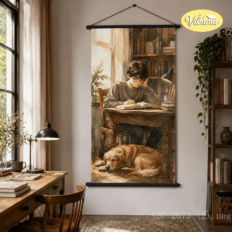 VIKAMA Watercolor Hanging Scroll Boy Studying Golden Retriever Study Room Canvas Poster Wall Hanging Warm Cozy Home Decor