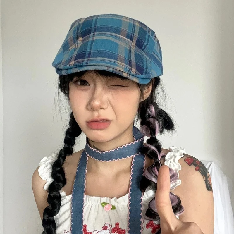 Original Bow Contrasting Color Plaid Newsboy Hats for Women Show Face Summer Thin Versatile Sunscreen Vintage Berets Cap Y2k