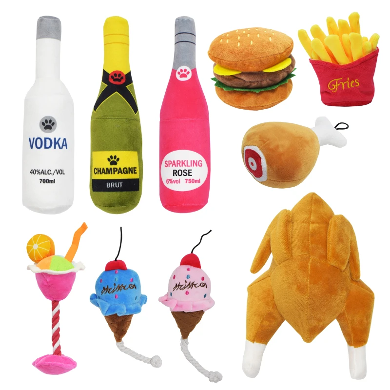 Toys Cocktail Vodka Wine Bottle Pet Toy Plush Filled Champagne Food Shape Toy Squeaky Bite-Resistant Pet Supplies