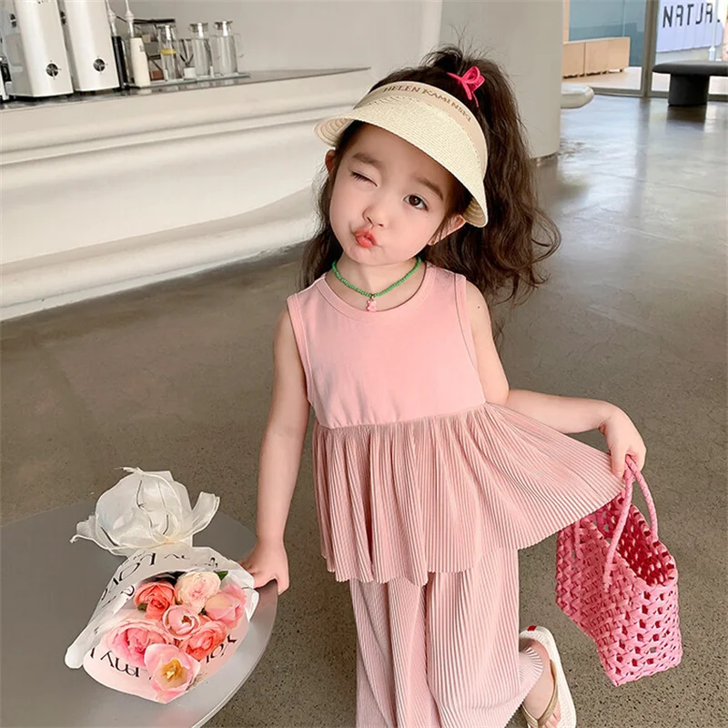 

New Girl Summer Suit Kids Trends Sleeveless Clothes Set Children Fashion Tops+Wide Leg Pants 2Pcs Baby 2-8Y Casual Solid Outfits