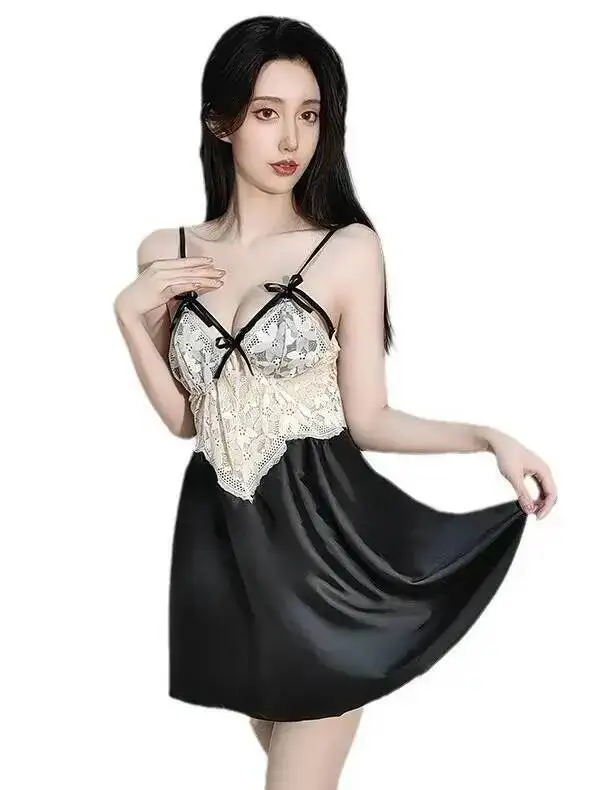 Abito a canotta sexy Abito in pizzo trasparente Bretelle a V profonde senza schienale Abito senza maniche con stampa floreale Bowknot Affascinante desiderio puro 7MAE