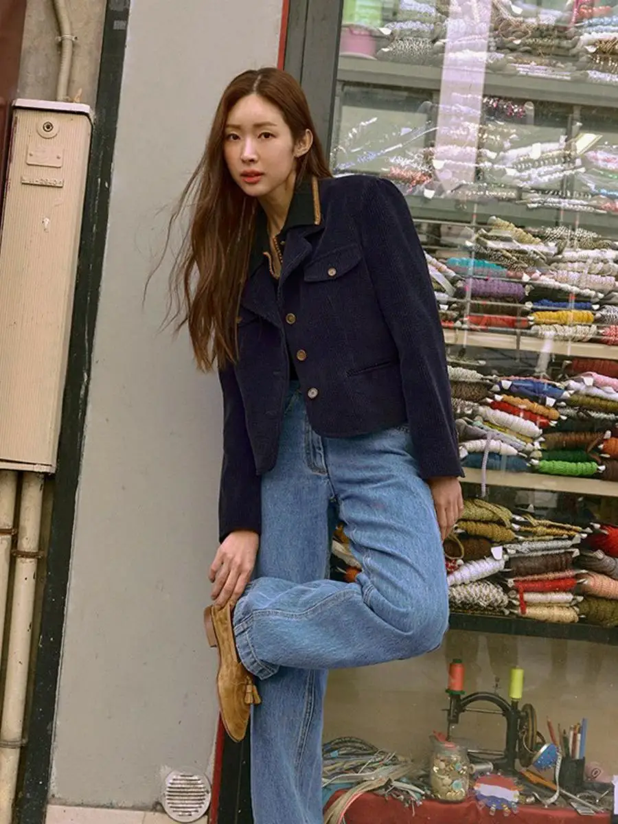 

Cobalt Blue Corduroy ort Jaet 2025 Spring Vintage Casual Women's Suiting Outerwear Long Sve ort Length