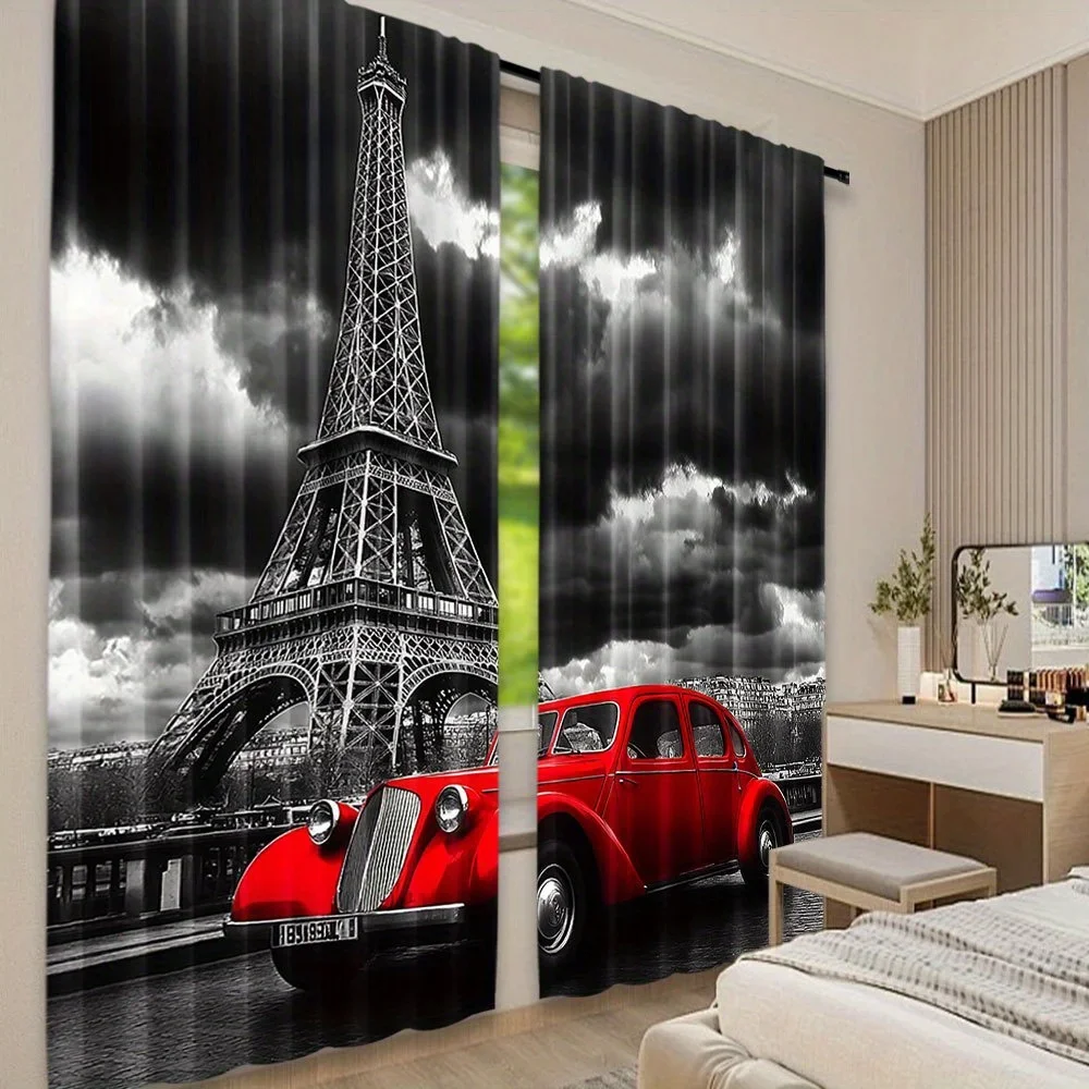 Vintage Paris Street Scene Eiffel Tower and Red Classic Car Photo Curtain Home Decor Window Curtain