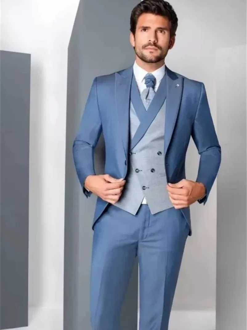 

Blue Wedding/Business Slim Fit Formal Suits For Men Costume Homme High Quality Fashion Male Blazer Vest Pants Groom Tuxedos