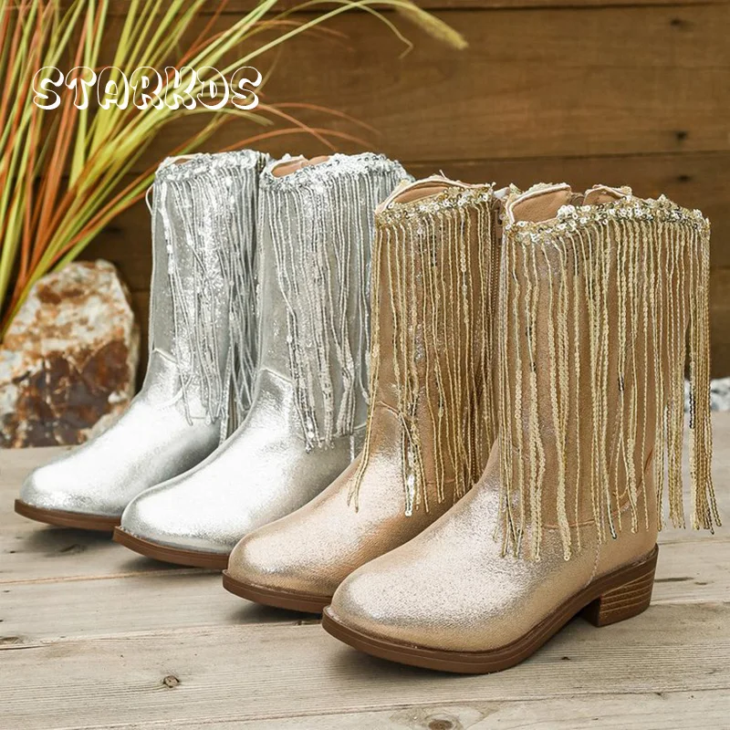Sequins Fringe Gold Silver Cowboy Boots Kid Girl Knee High Western Booties Child Low Heel Round Toe Warm Plush Botas
