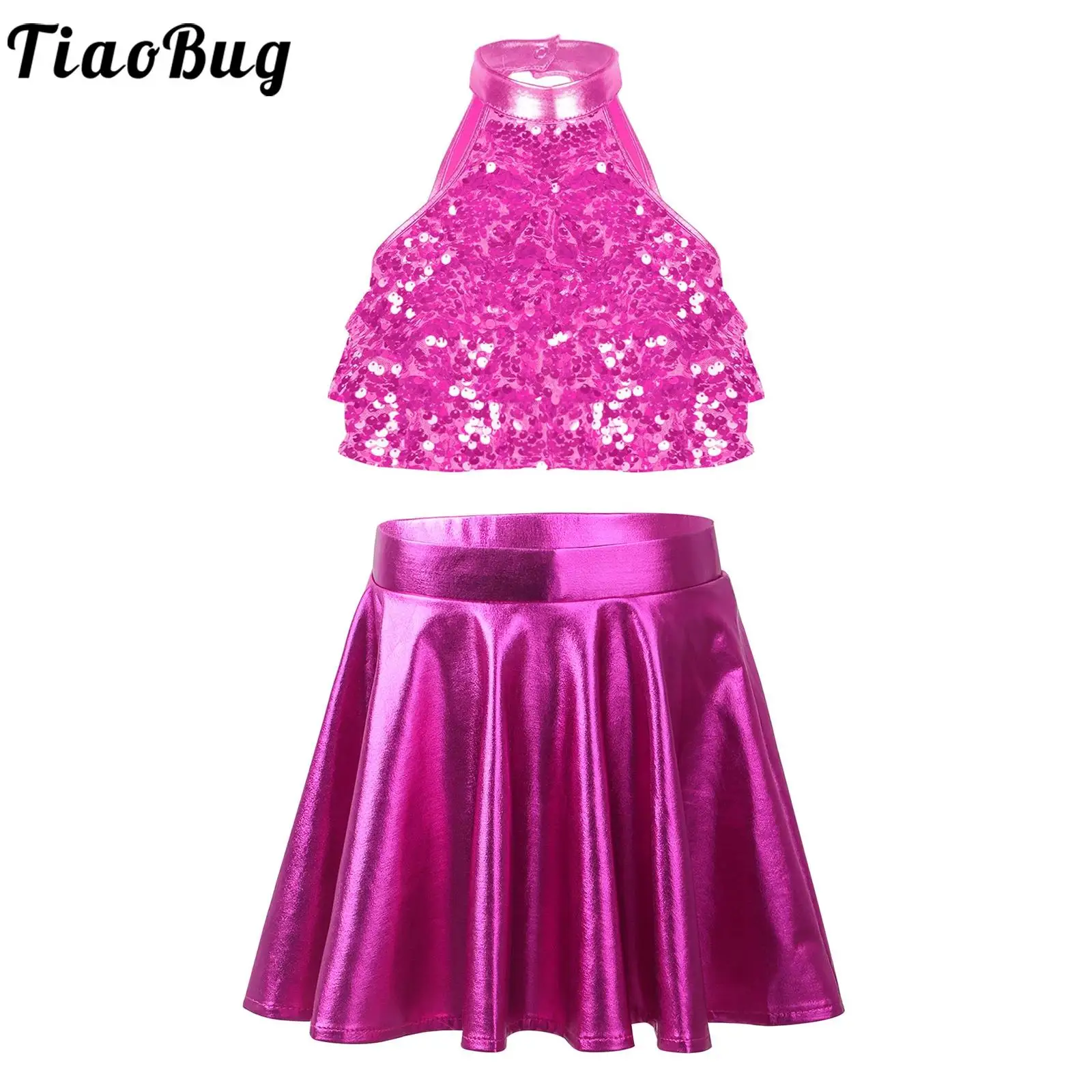 

Kid Girls Metallic Dance Performance Costume Jazz Modern Dancewear Outfit Set Shiny Sequin Sleeveless Tiered Crop Top and Skirt