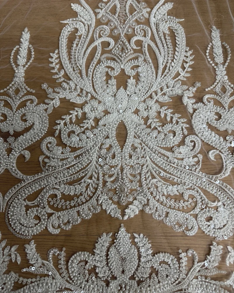Gorgeous Heavy Beads High Quality Beaded Sequins Pearls white lace fabric embroidered for wedding dresses Sell By  Yard
