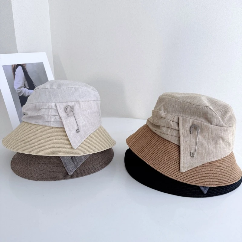 French Vintage Brooch Stitched Straw Hat  Stylish Fashionable Women Beach Hat With Wide Brim Sun Protection Shade