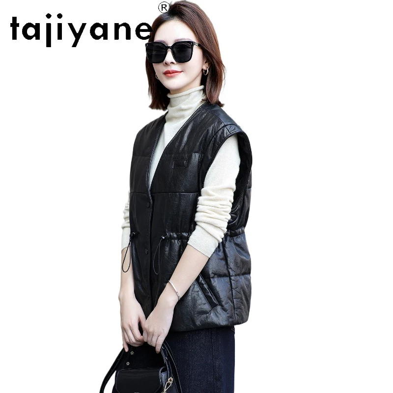 TAJIYANE Real Top-grain Cow Leather Vest Women Sleeveless 90% White Goose Down Coat Stylish Slim Jackets 2025 Woman Clothes 가죽자켓