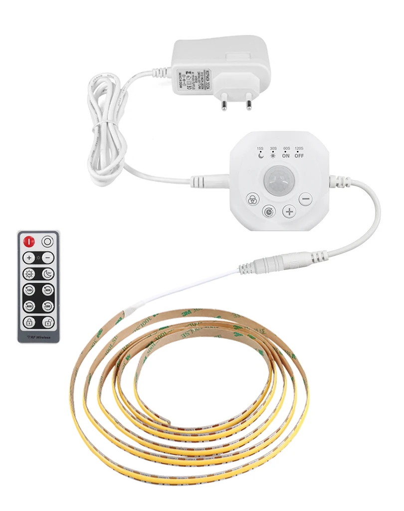 COB LED Strip Light Kit 12V 320LEDs/m 8mm with Optional Dimmer Sensor Switch Touch Hand Sweep PIR Motion RF Remote EU US Adapter