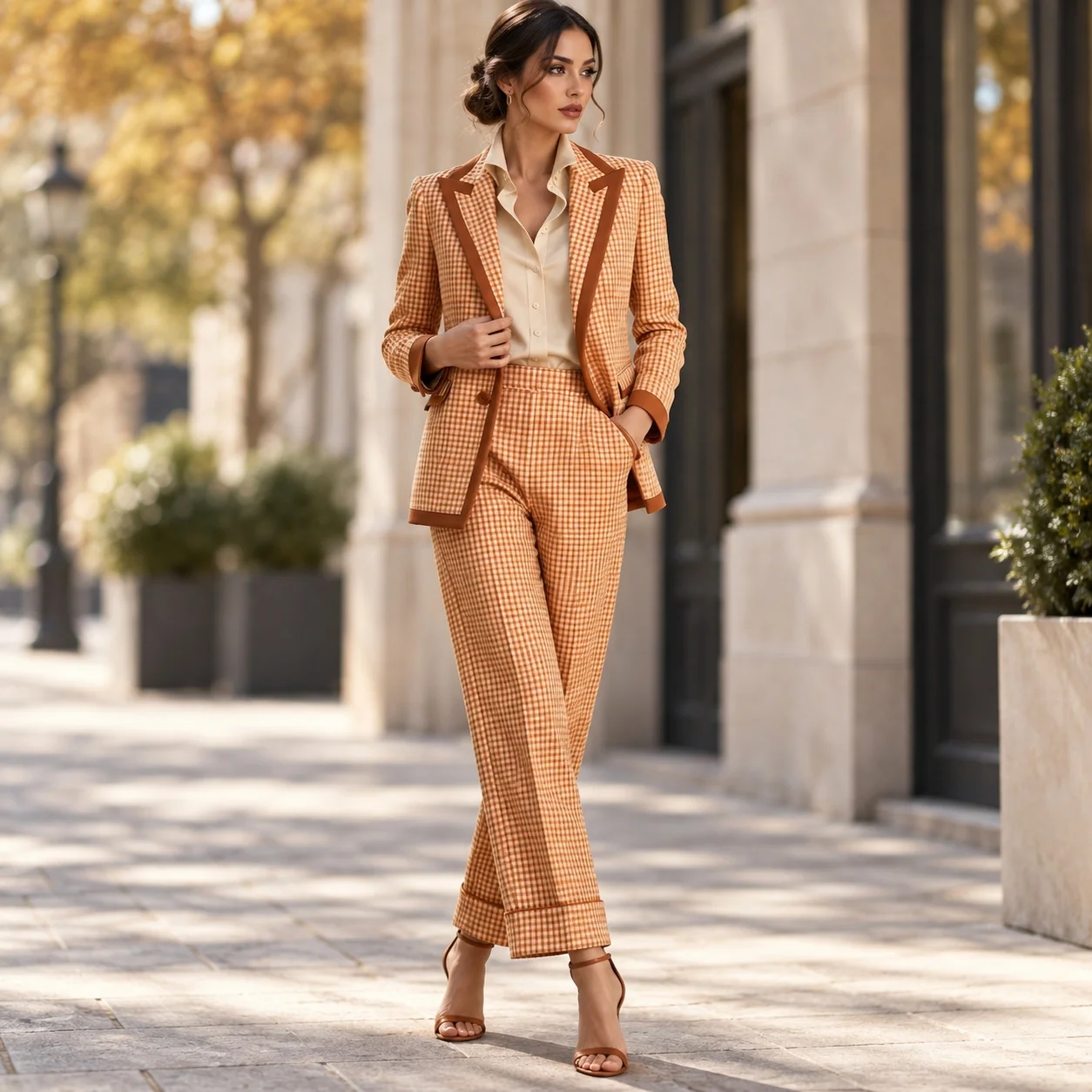 Plaid Long Sleeve Set with Full Length Pants Graceful Elegant Women Suit Jacket Top Autumn Plaid Pattern Structured Tailoring
