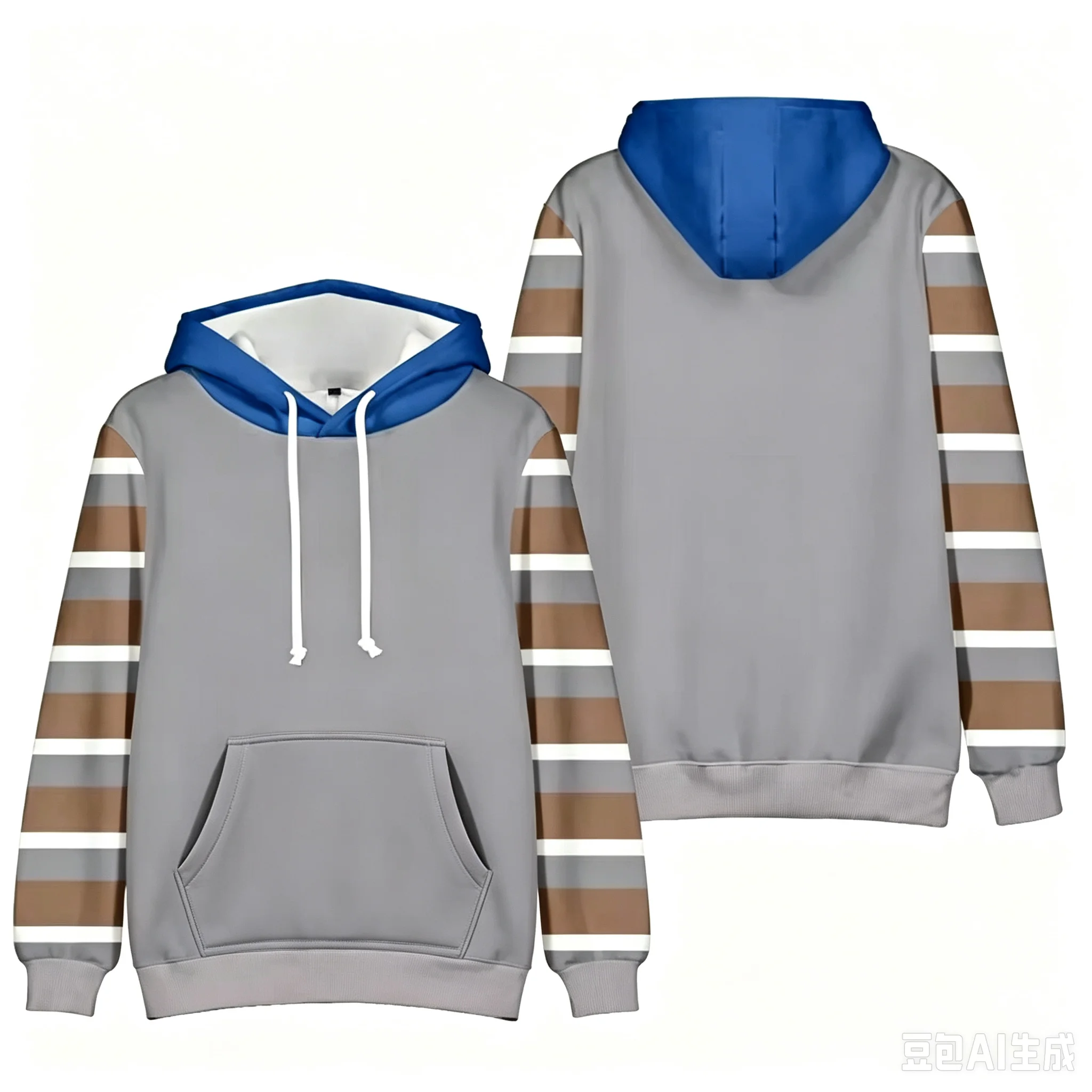 2026 Neuer Stil Herren Loose-Fit Pullover Hoodie mit Kontrast-Kapuze & gestreiftem Ärmelmuster, einfarbig grauer Torso, langärmliges Kapuzenoberteil für Kinder – Detail 4