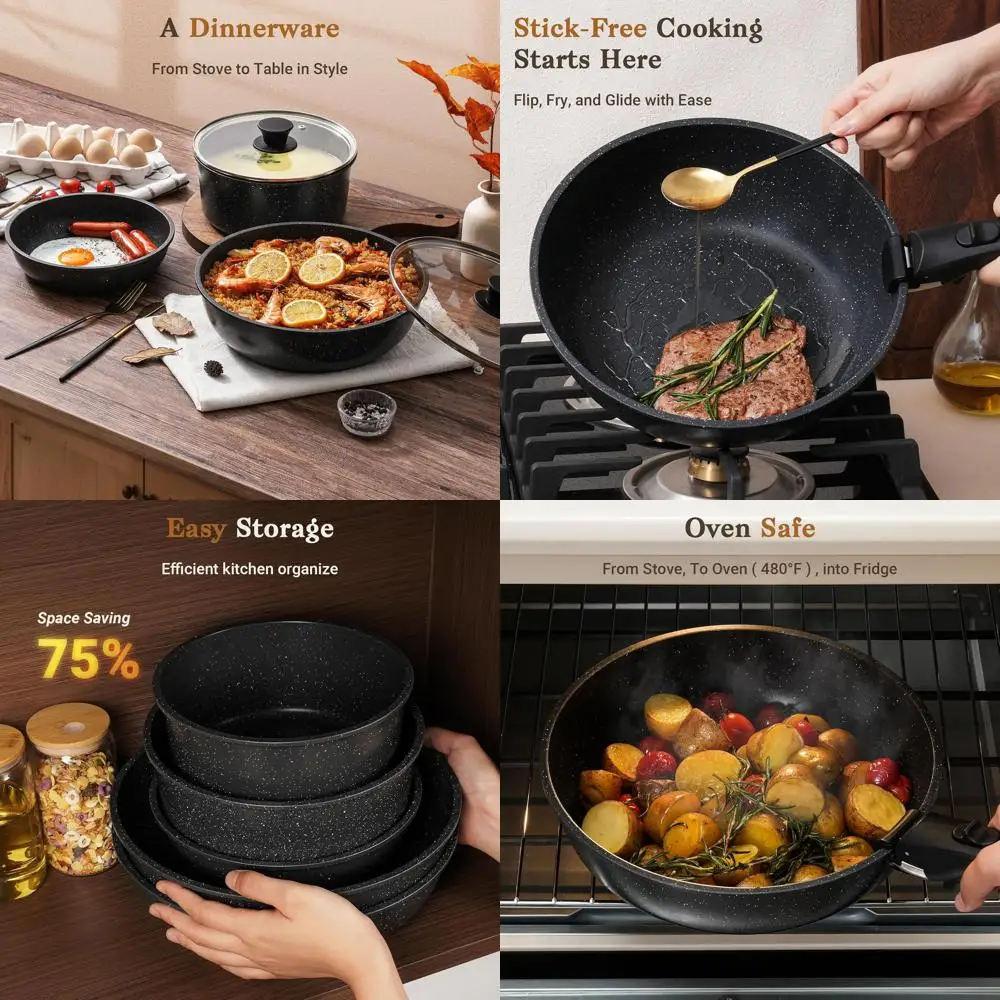 

15-предметный набор антипригарной посуды с отсоединяемыми ручками, подходит для духовки, совместим с индукционными плитами, складывающаяся посуда, черный цвет