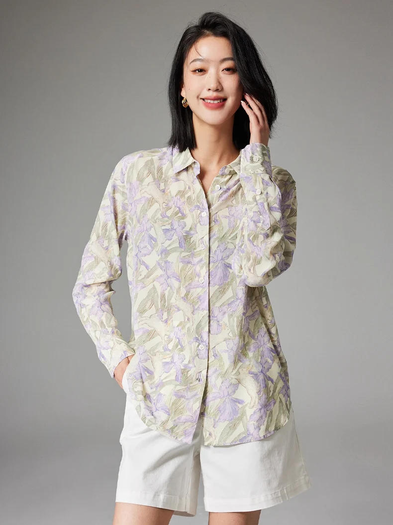 SuyaDream, Woman Floral Shirts, 100%Silk Crepe de chine, Turn Down Collar, Purple Flowers Blouses, 2024 Spring Summer Top