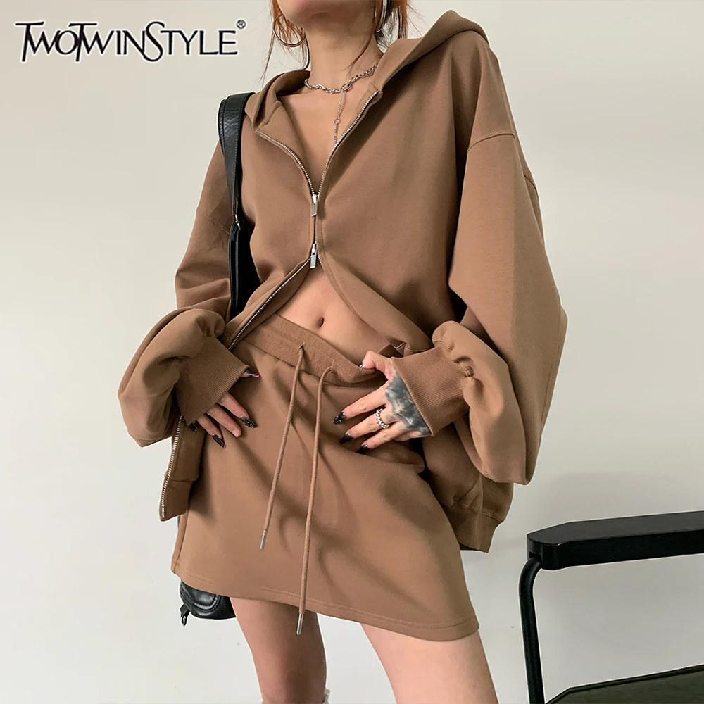 

TWOTWINSTYLE Solid Two Piece Set For Women Hodded Long Sleeve Loose Coat High Waist Mini Skirt Casual Sets Female Fashion Style