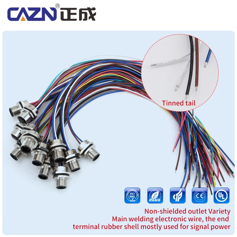 IP67 M12 Circular Connectors Male&Female 2/3/4/5/6/8/12/17 Pins Front Back Mount Socket With 30cm Wire Cable