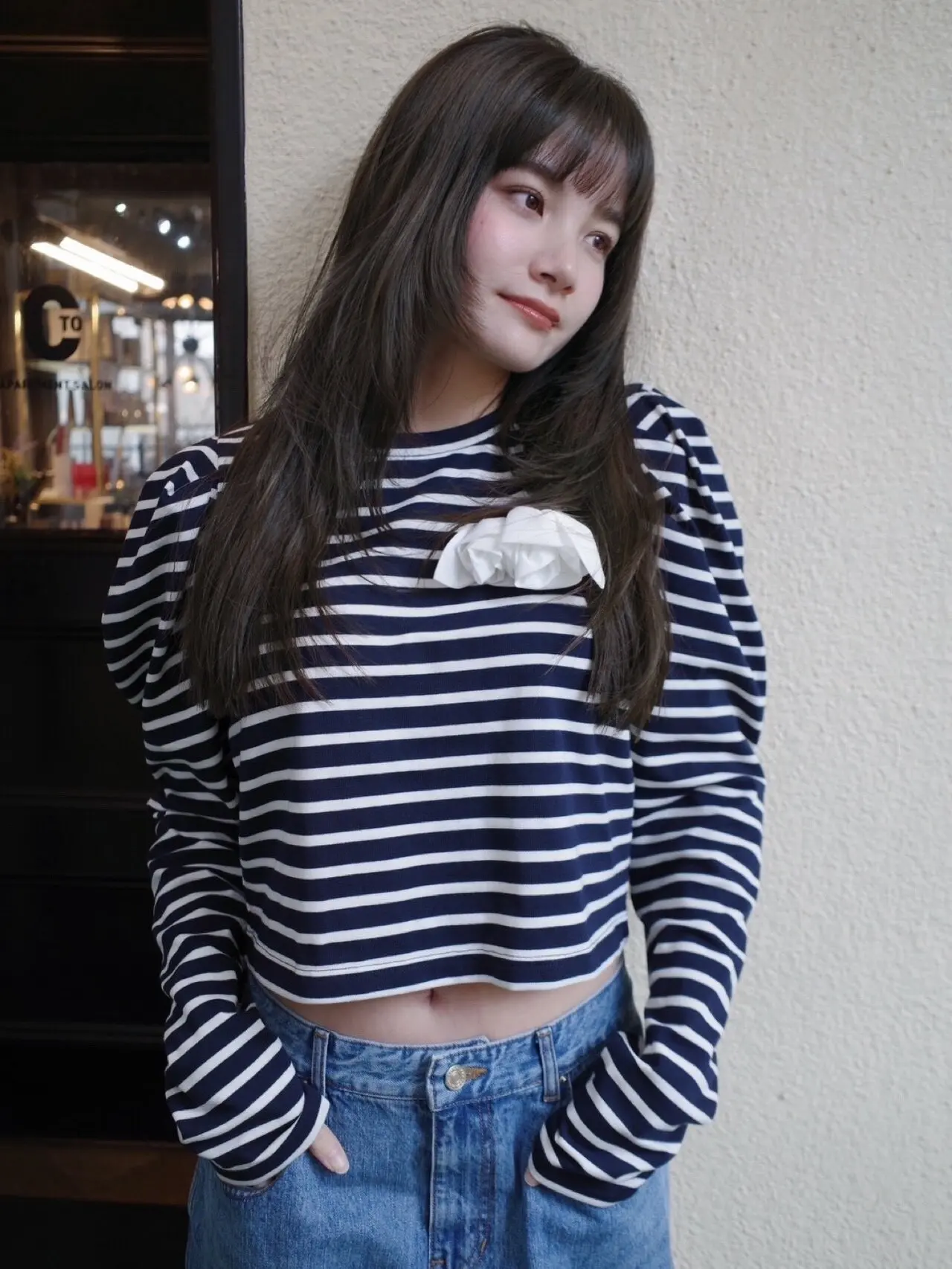 Japanese Style Crew Neck Fashion Striped Tee Bubble Sleeve Top Spring Autumn Long Sleeved T-shirts Women's Casual T Shirt