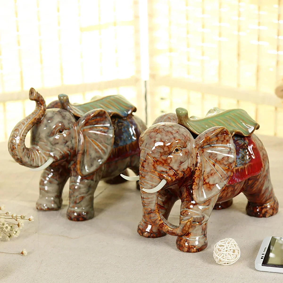 

One Pair of Artistic Elephant Ornaments Ceramic Couple Elephant Figurines Colorful Decorative Animal Articles Hand-made Artworks