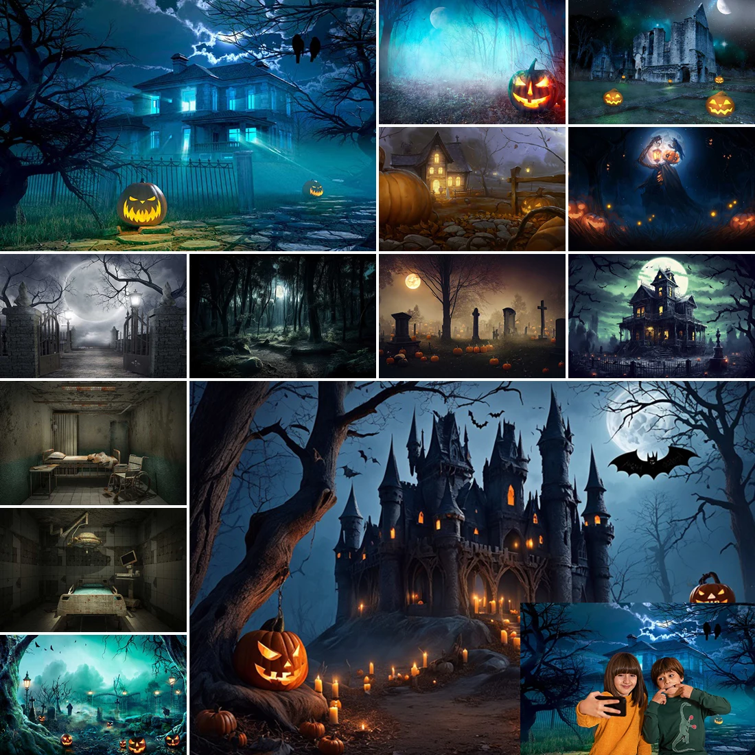 

MOON.QG Scary Halloween Backdrop Pumpkin Haunted House Misty Dark Forest Cemetery Photo Background Enchanted Halloween Party