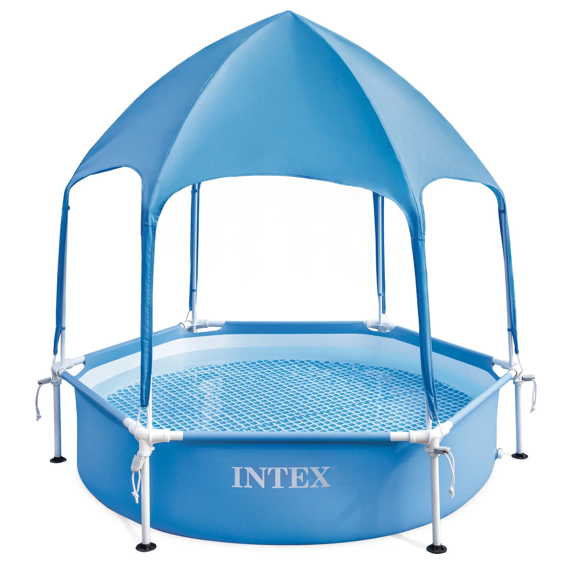 INTEX hexagonal Metal Frame removable pool with UPF 50 + awning and water diffuser, Ø 183x38 cm, 700 litres, 10 min mount, including sewage treatment plant, cover, tapestry and ladder, + 3 years