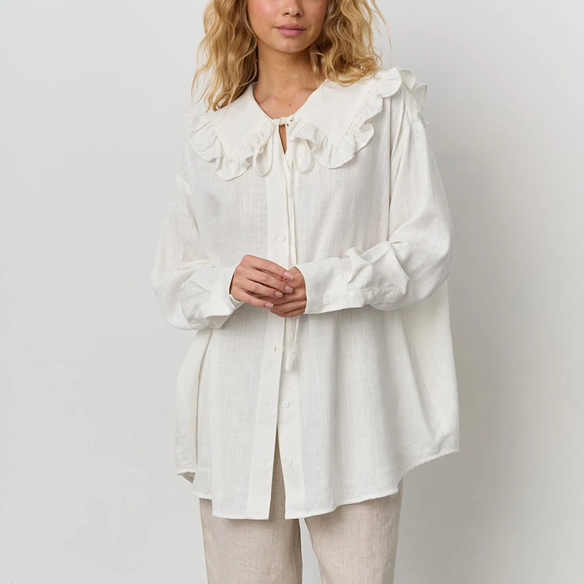 

Linad Vintage Ruffled Neck White Shirts Female Casual Single-Breasted Blouse Woman Office Cotton Linen Loose Top 2025 Autumn Bow