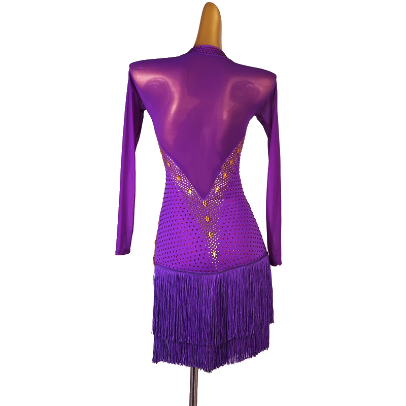 

High-end Custom Latin Dance Dress Fringe Women Competition Salsa Dress Tango Costume Long Sleeve Ballroom Performance Dancewear