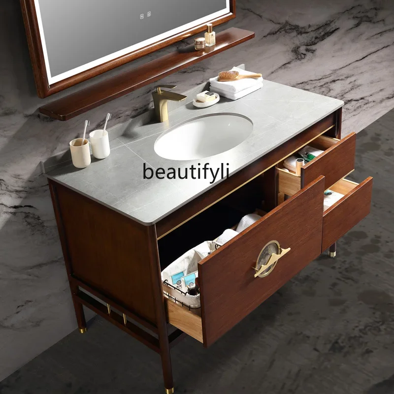 New Chinese Style Bathroom Cabinet Oak Solid Wood Stone Plate Countertop Bathroom Wash Basin Cabinet Combination Smart Mirror