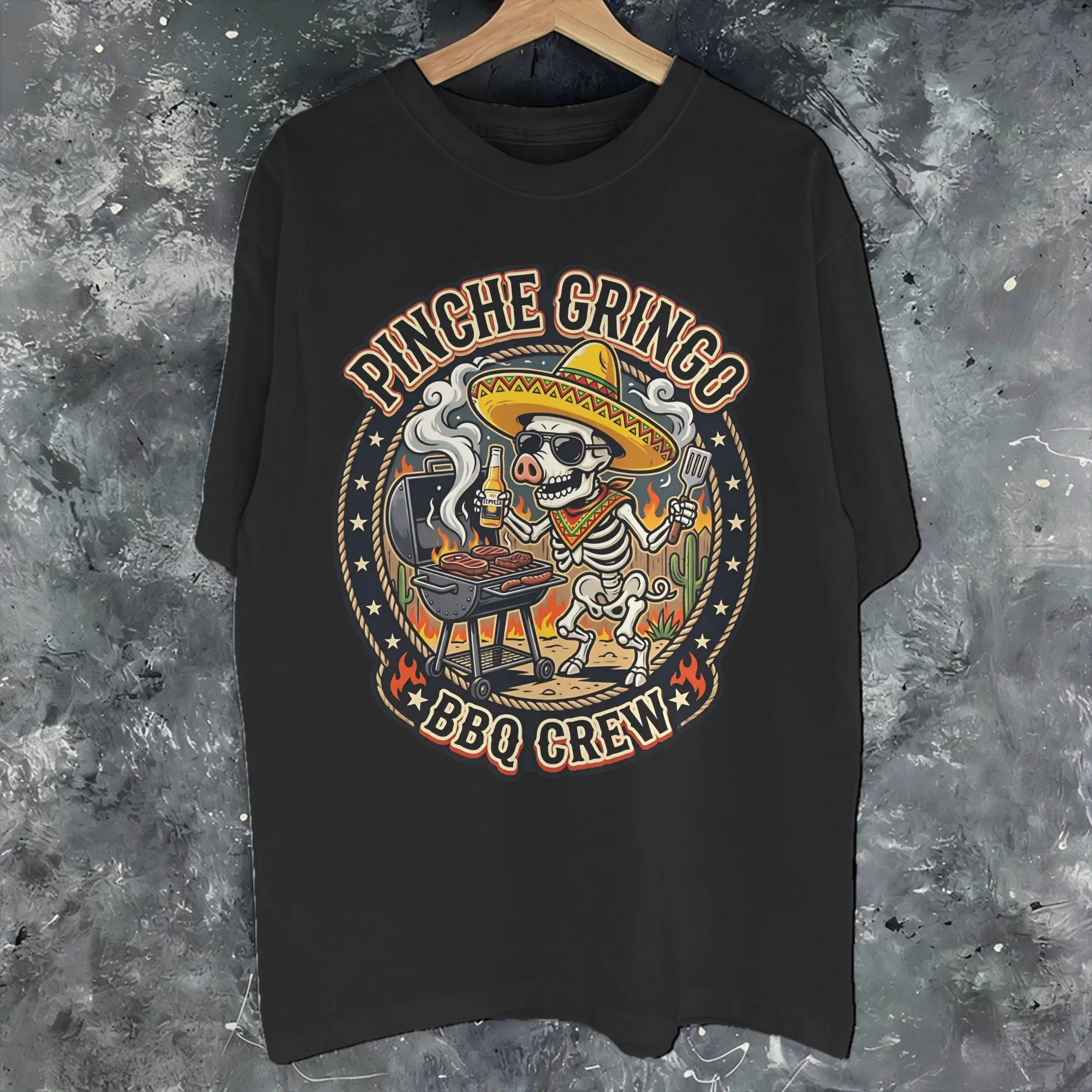 Pinche Gringo BBQ Crew Skeleton Grilling Beer Merch Unisex T Shirt 100% Cotton Tee Graphic Printed  Tops T-shirt