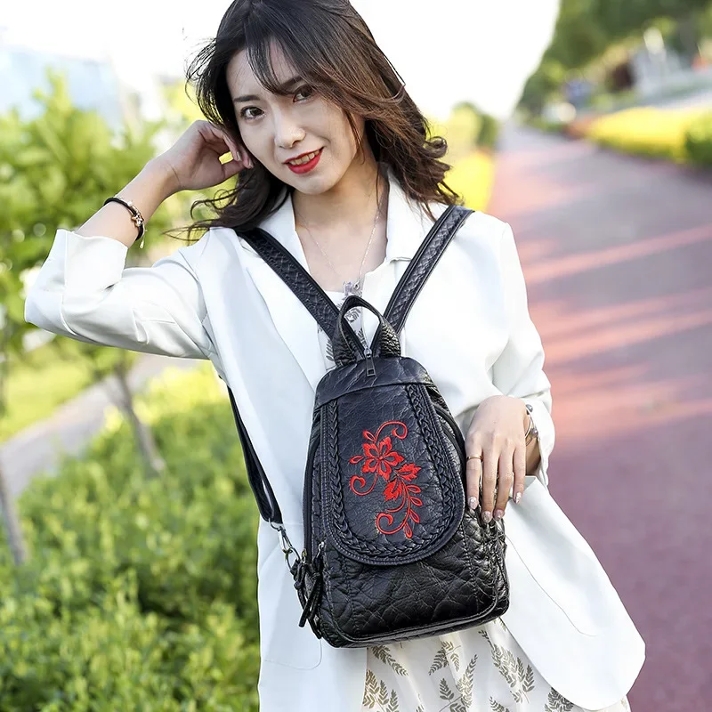 MJ Women PU Leather Backpacks Small Travel Bag Female Soft Leather Bagpack Ladies Embroidery Backpack