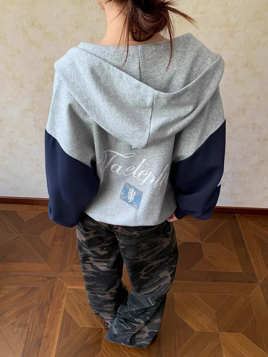 American Sle Color Blo Letter Print Hooded Open Cardigan Sweatirt ex Autumn Winter Versatile Loose Outerwear