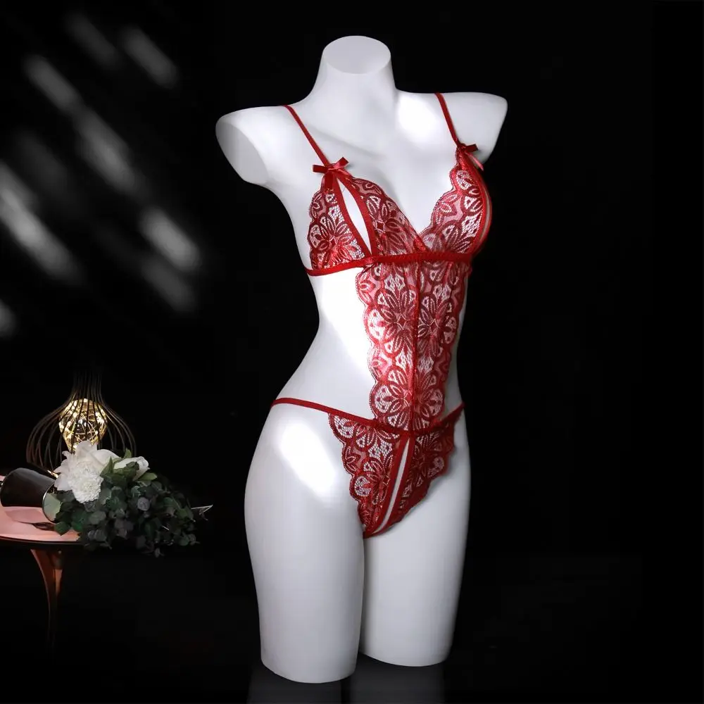 

Sweet Deep V Neck Lace Bow Bodysuit Transparent Mesh Hollow Women Lingerie Jumpsuits Sleeveless Lace Sling Nightwear Gifts