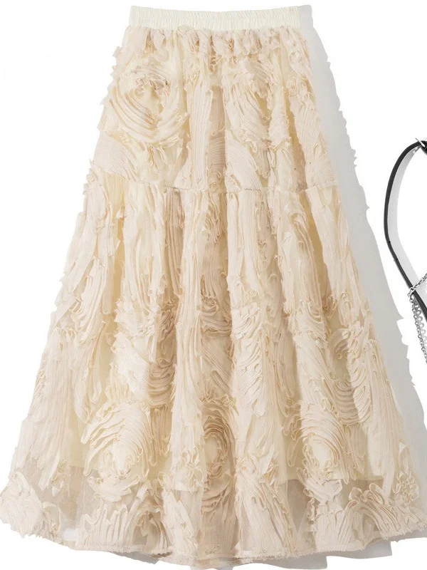 

Chic High Waist Midi A-Line Skirt with 3D Flower Design Polyester Mesh Fabric Spring Summer Women's Sweet Style B1887