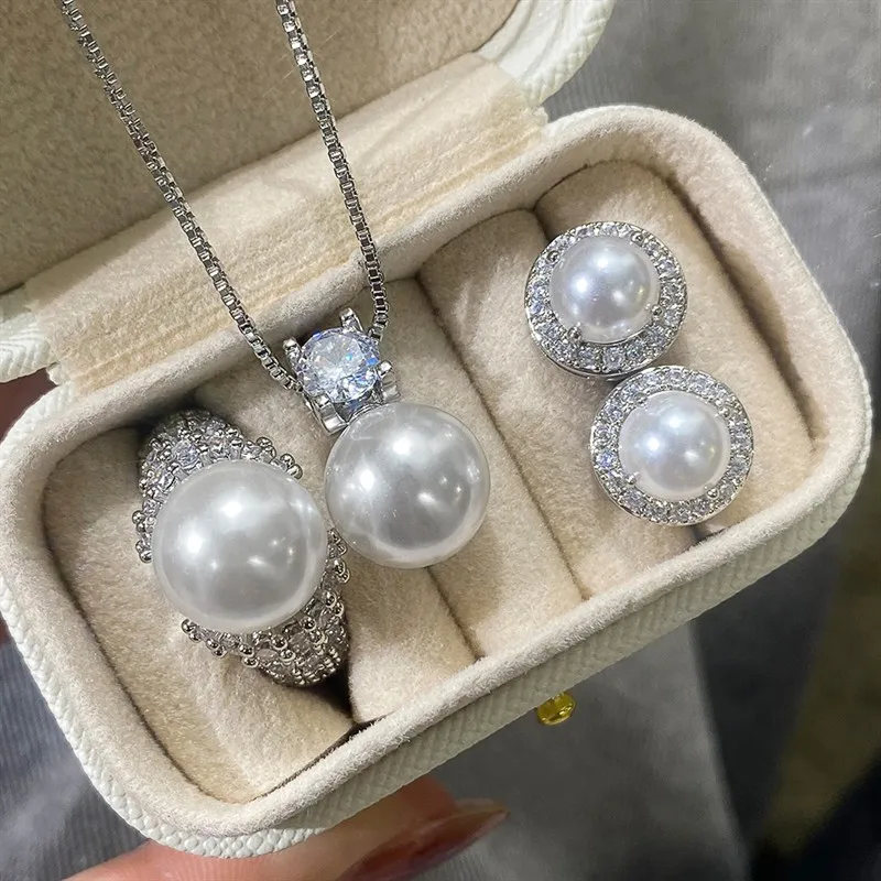 Huitan Imitation Pearl Women Necklace Stud Earrings Ring Aesthetic Wedding Inlaid CZ Jewelry Set with Gift Box for Engagement
