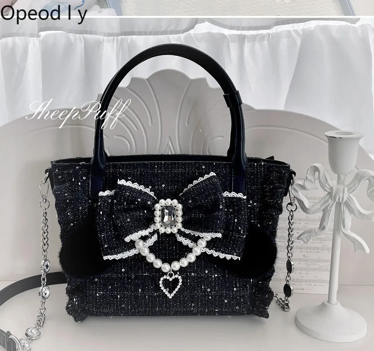 Original Mass-produced Japanese Lace Portable Messenger Bag Sweet Girl Heavy Industry Pearl Bow Temperament Princess Lolita Bag