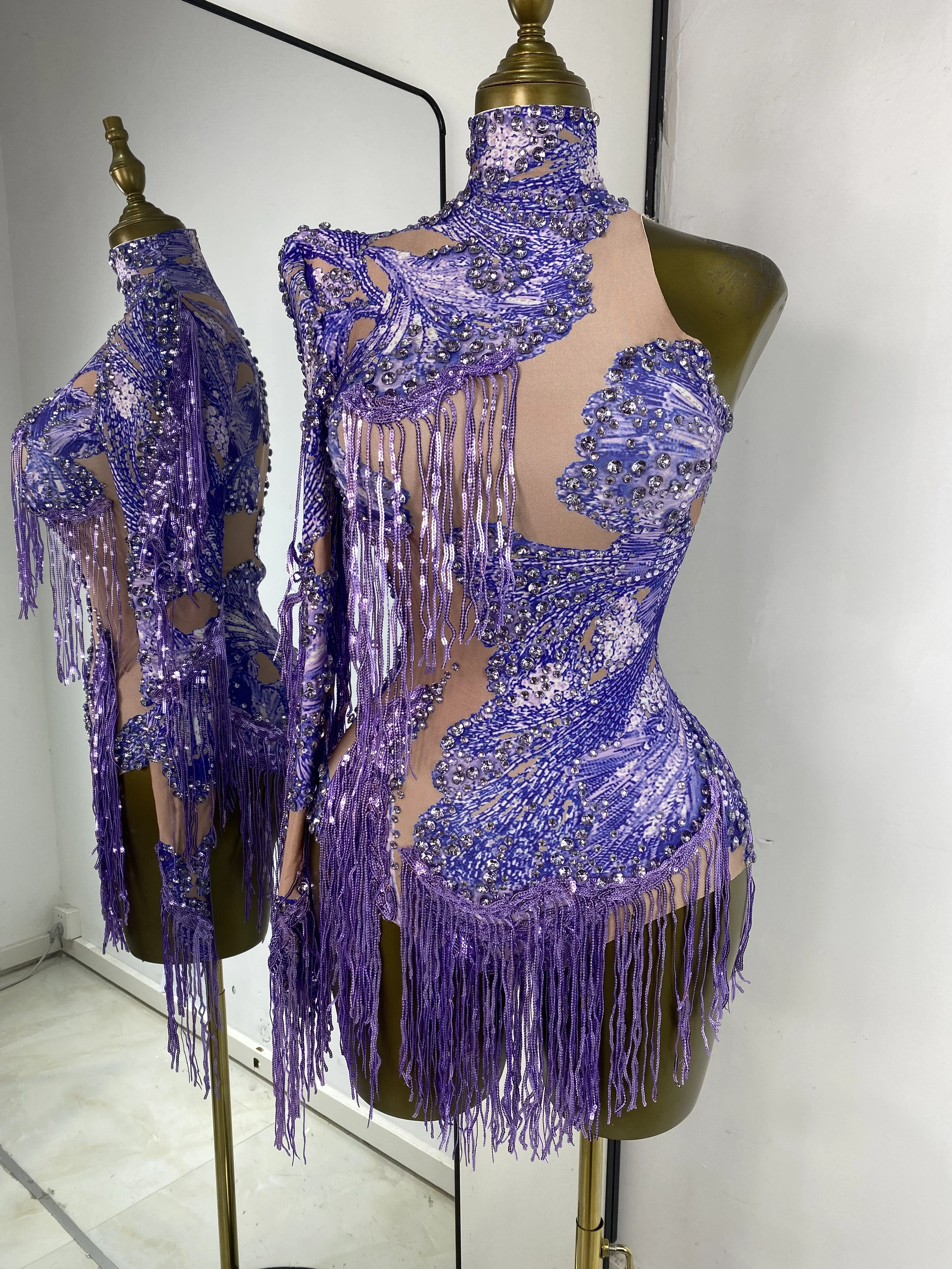 فستان رقص رياضي سباركلي كم فردي مرصع بأحجار الراين ترتر شرابة مطاطية من الألياف اللدنة فستان قاعة الرقص المنافسة يوتار #1