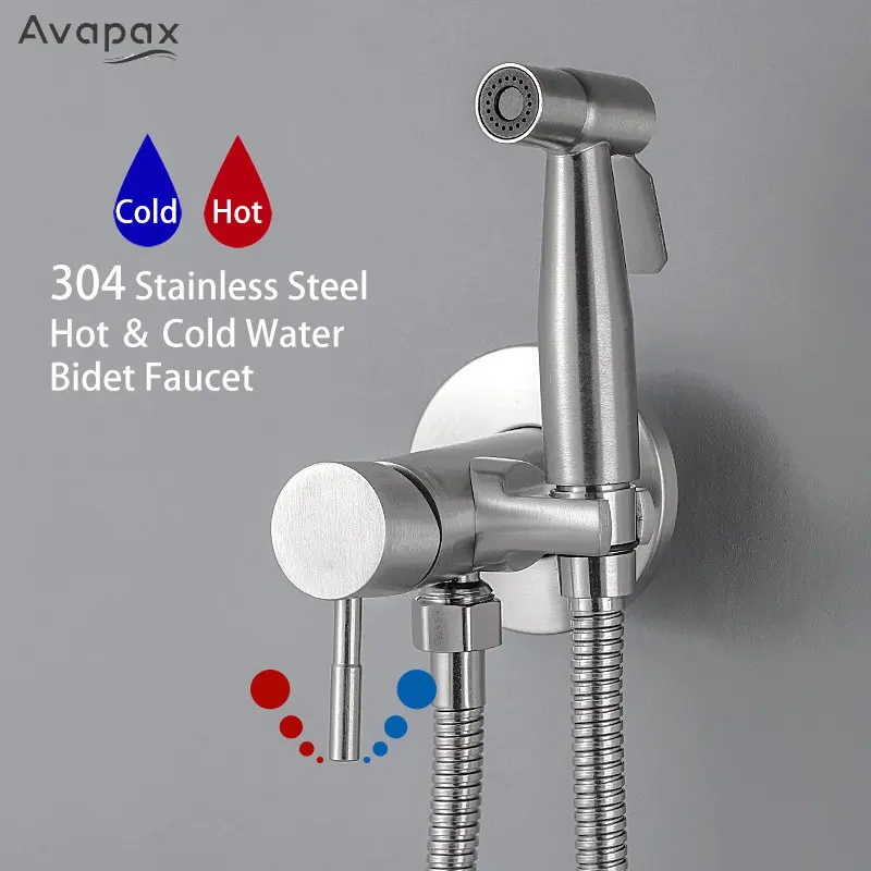 Stainless Steel Bidet Faucet Portable Bidet Sprayer Brushed Toilet Faucet Hot Cold Water Bathroom Shower Head Anal Douche