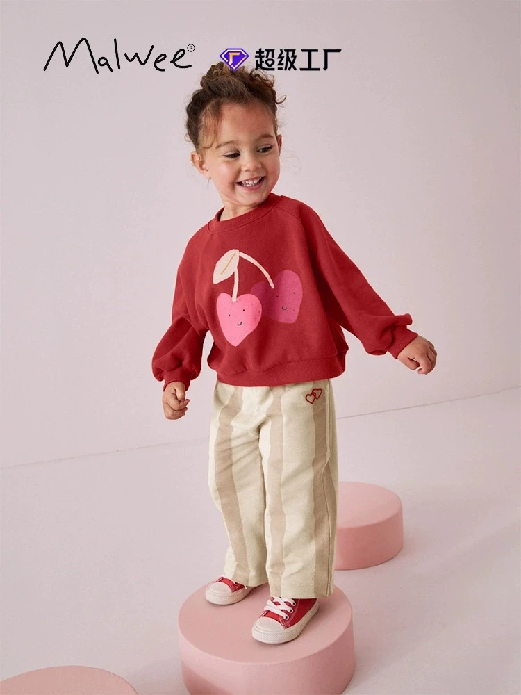 Malwee round neck childrens bottoming shirt fashionable fruit pattern all-match pure cotton slightly stretch commuter sweatshirt