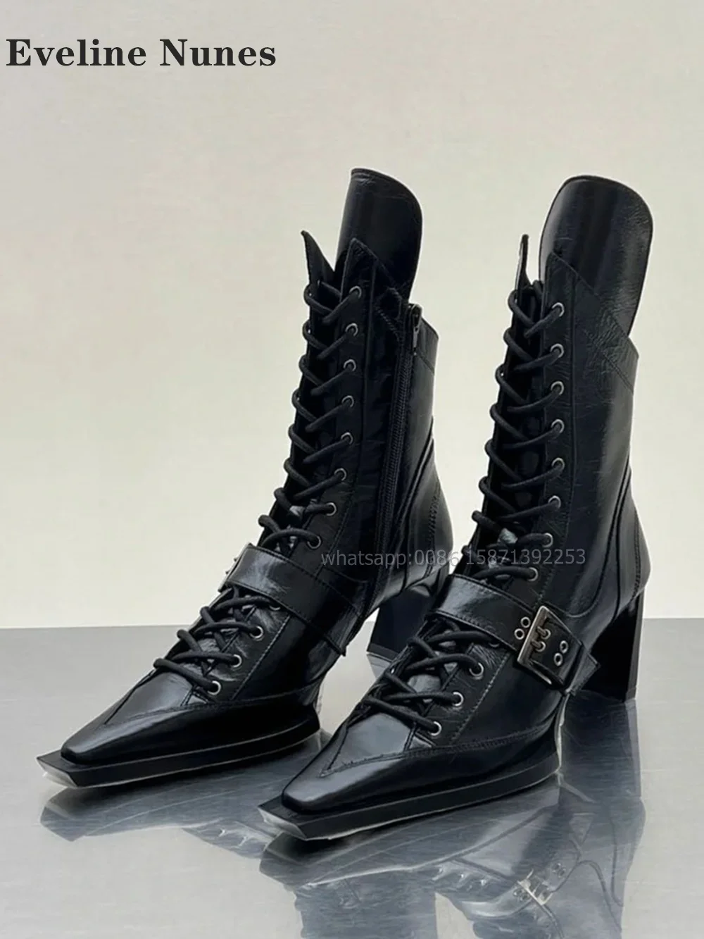 

Belt Buckle Cross Tied Boots Pointed Toe Blade Heel Patchwork Sewing Ankle Boots Solid Zip Retro Punk Booties Woman 2023 Autumn