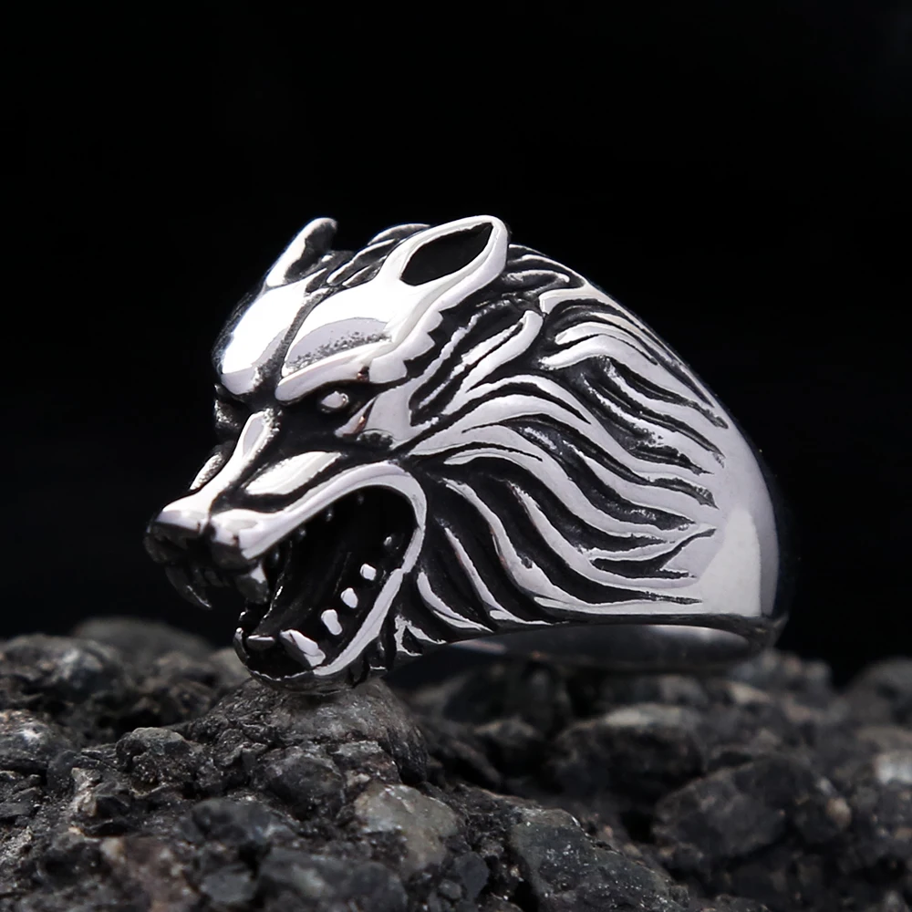 Vintage Detail Nordic Viking Wolf Kopf Ring Für Männer Frauen Edelstahl Biker Tier Ringe Mode Schmuck Geschenke Dropshipping