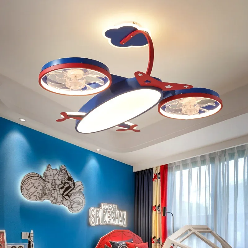 Creative Cartoon Airplane Ceiling Fan Lamp Boy Girl Bedroom Children Room Lamp Personality Living Room Study LED Pendant Light