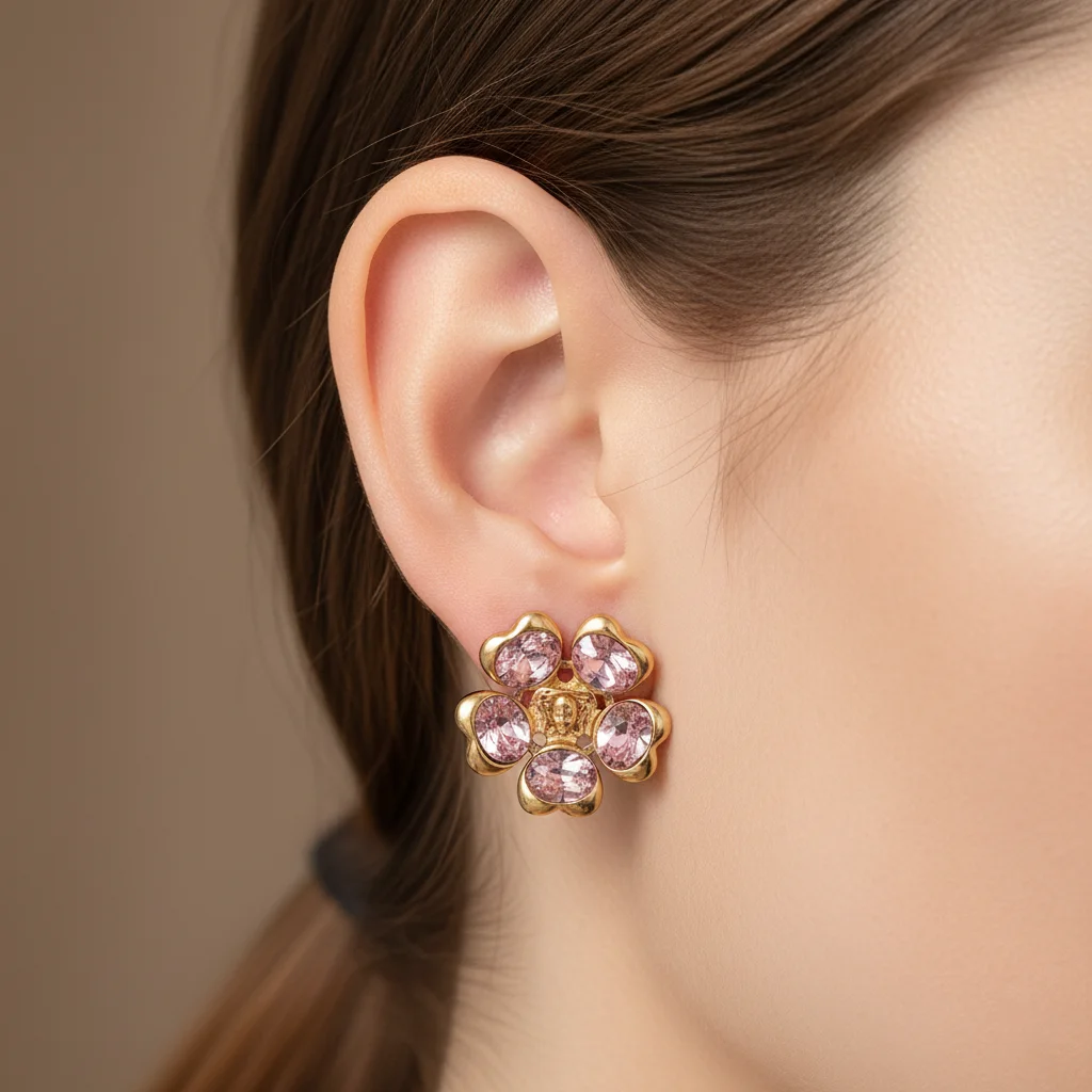 

Vintage Gold Color Medusa Flower Stud Earrings with Clear/Pink Zirconia Stones Fashion Goddess Head Charm Jewelry Gift