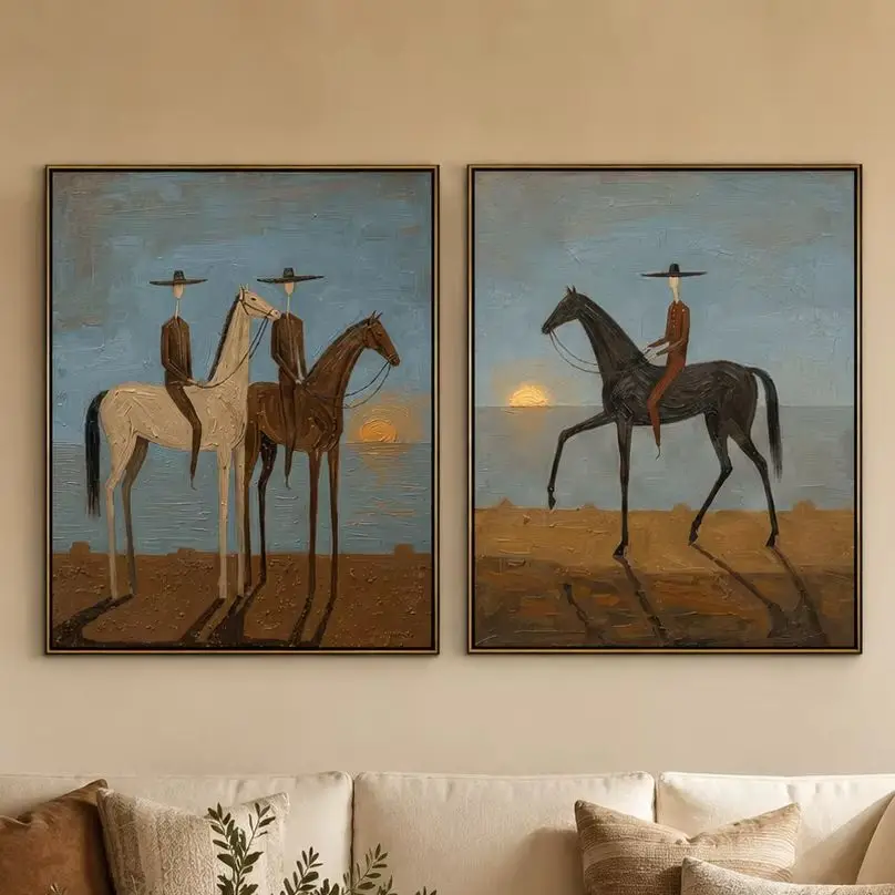 Dusk Riders Diptych – Vintage Americana Cowboys at Sunset Two-Panel Painting | Atmospheric Western Living Room Art