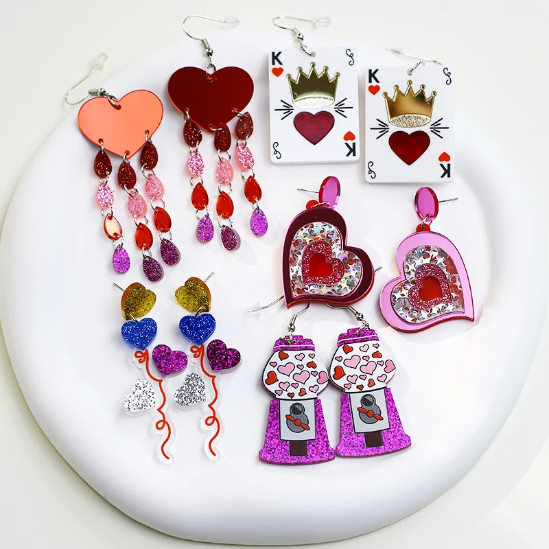 Valentine's Day Heart Gashapon Machines Earrings For Women Funny Love Balloon Crown Playing Cards Acrylic Drop Earring