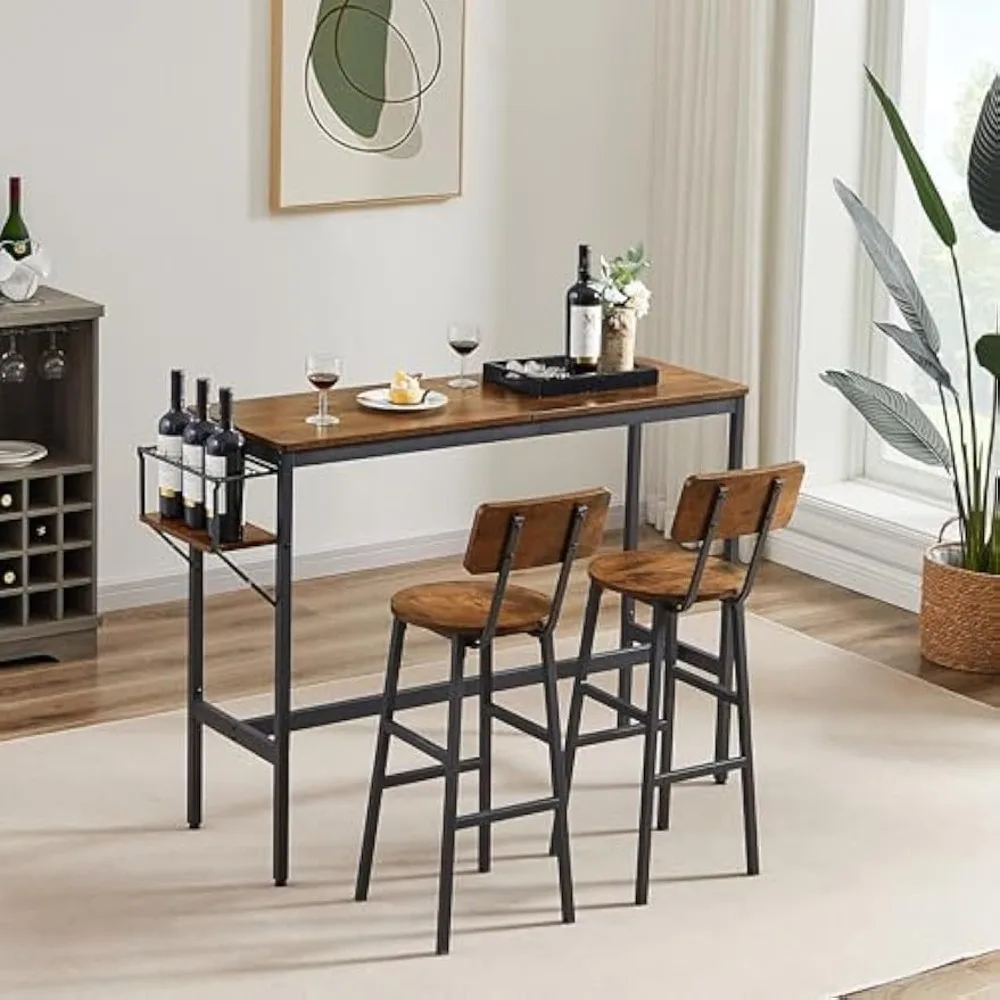 

3 Pieces Bar Table and Stools Set, Bar Table with Folding Wine Holder, Compact Industrial Dining Table Set with 2 High Stools w/